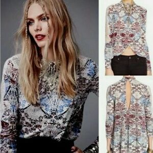 Free People New World Nouveau Top Small Boho Printed Blouse Flowy Pleated